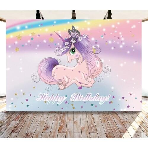 Unicorn with Purple Tail and Stars Backdrops Photos Background Decorations for Kids Birthday Party Photography Studio Props