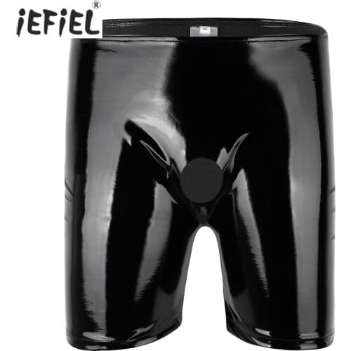 Mens Shiny Patent Leather Shorts Fashion Open Penis Hole Boxer Shorts Solid Color Sexy Gay Underwear Mens Lingerie Long Pants