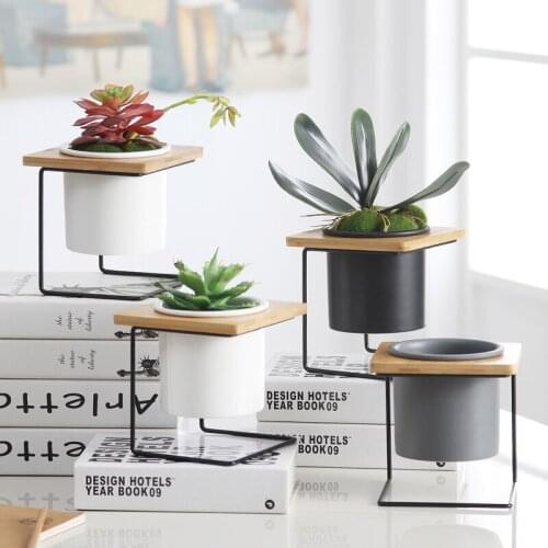 Nordic Minimalist Creative Ceramic Succulent Flower Pot Cylindrical Perforated Wooden Wrought Iron Flower Pot Desktop Decoration