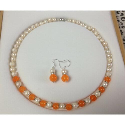 7-8MM White Akoya Cultured Pearl/Orange Jade necklace earrings set 18"No box