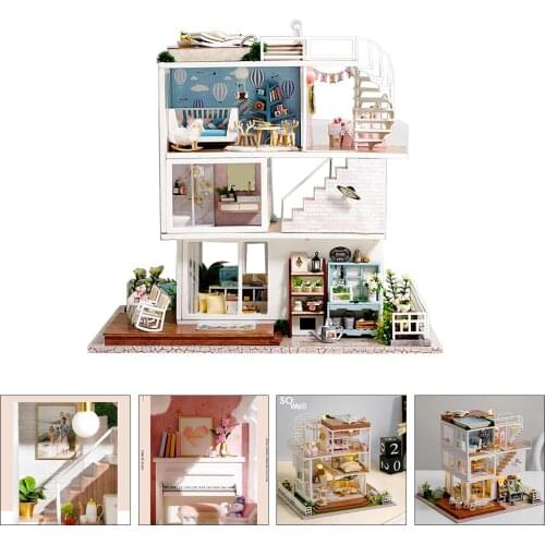 Mini Wooden Dollhouse Miniature with Light Dustproof Cover for Friends