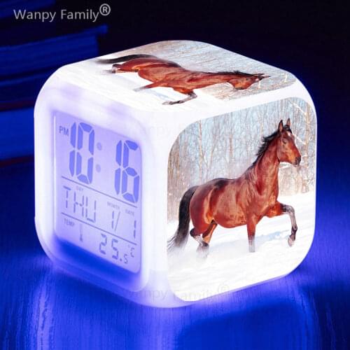 Horse Alarm Clock 7 Color Glowing LED Big screen Multifunction Digital Alarm Clock Kids Gift Night Lights Electronic Clock