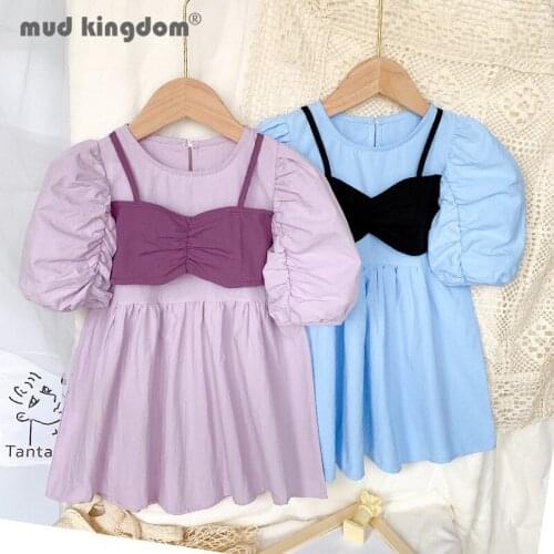 Mudkingdom Princess Dress for Girls Elastic Puff Sleeves Sling Solid Drop Shoulder Dresses Toddler Summer Fashion Clothes