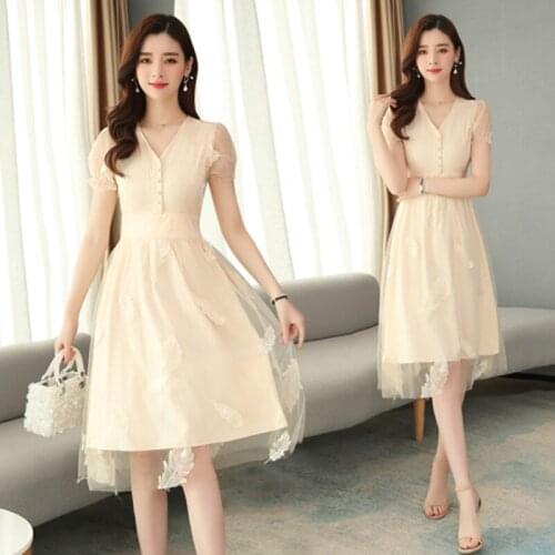 French retro women dress summer fairy button feather embroidery chiffon dress Ladies lantern sleeve work midi dress women