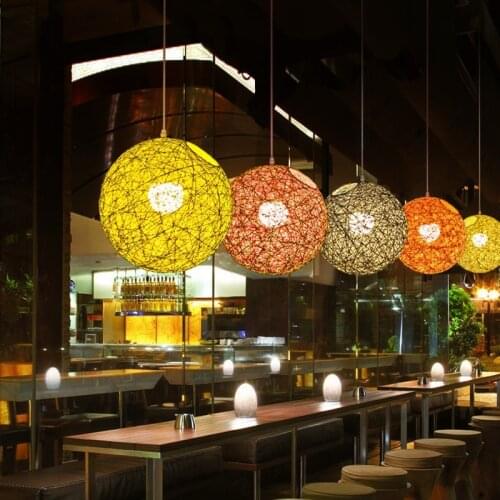Simple Rattan Pendant Lamp Natural Handmade Twine Rope Vines Colorful Ball Hanging Light for Bar Pub Cafe Restaurant Art Decor