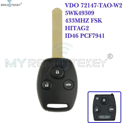 Remtekey for Honda Accord VDO 72147-TAO-W2 433Mhz HON66 3 button remote head key 2008 2009 2010 2011