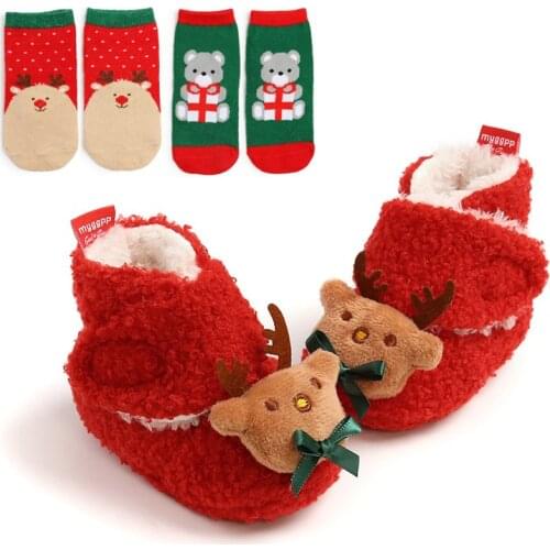 Christmas Warm Shoes Kids Toddler First Walkers Winter Baby Boys Girls Shoes Xmas Cosplay Cute Cartoon Kids Animal Shoes Socks