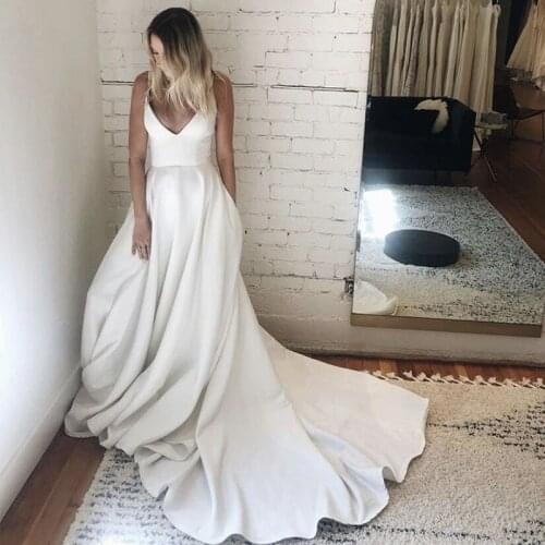 Sexy Deep V-neck Satin Wedding Dresses Chapel Train Vestido De Noiva White Ivory Bride Gowns 2020 Cheapest Abiti Da Sposa
