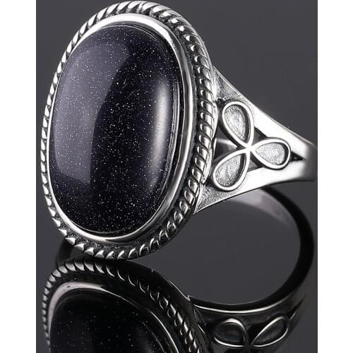 S925 Sterling Silver Jewelry Vintage Rings Blue Sandstone Rings for Womens With 11x17MM Big Oval Gemstone Fine Jewelri