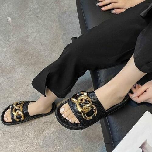 Womens Slippers Chain Pu Leather Solid Fashion Ladies Flip Flop Outdoor Women Footwear Comfortable 2021 Summer Plus Size
