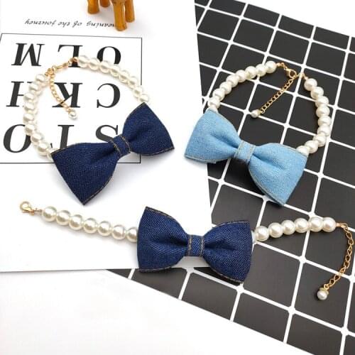 2021 New Fashion Pearl Puppy Dog Collars Necklaces Pet Jewelry Accessories Retro Cowboy Bowknot Puppy Collar Tie Yorkshire
