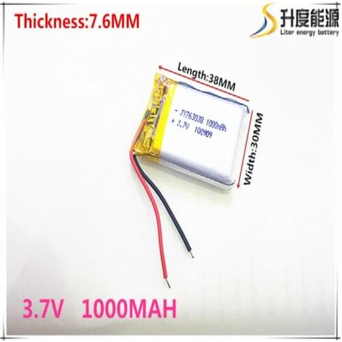Free shipping 3.7 V 763038 lithium-ion polymer battery 1000 mah vehicle traveling data recorder LED speakers toys