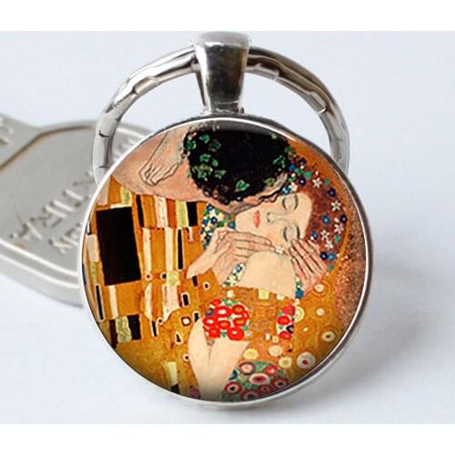 Gustav Klimt The Kiss Keychain Retro Art Jewelry Valentine Gift Cabochon Glass Romantic Lovers Gift Key Chain Ring