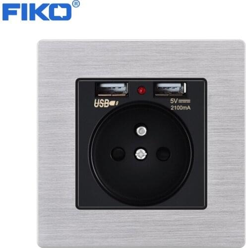 FIKO 16a French standard Aluminum alloy panel dual USB household wall power socket 86*86mm electric outlet