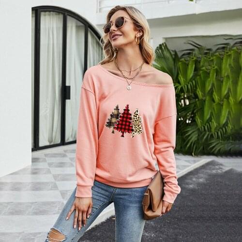 Casual Long Sleeve Print T Shirts Top Woman Spring Autumn Fashion Skew Collar Christmas T-shirt Black Slim Tshirt Women Clothing