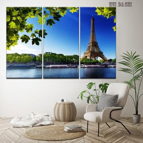 Canvas HD Prints Pictures Room Wall Art 3 Pieces Paris Tower River Riverside Painting Landscape Poster Home Decor Framework