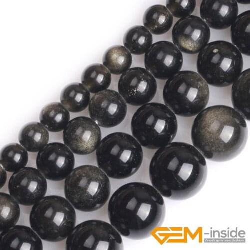1.5mm-2mm Big Hole Natural 6mm 8mm 10mm12mm Round Golden Black Obsidian Stone Loose Beads For Jewelry Making 15" Wholesale