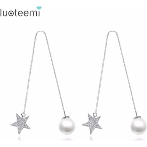 LUOTEEMI Brand Vintage Drop Earrings Double Side Star CZ with Simulated Pearl Jewelry Ear Wire Long Chain Brincos for Women