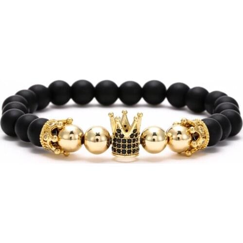Matte Onyx Hematite Mixed Multi-color beads White Black CZ Crown Plating 24K Real Gold Bracelet Wedding Birthday Gift For Unisex