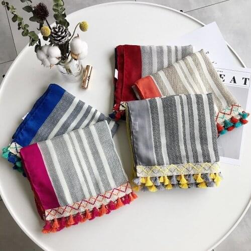 2019 New Fashion Cotton Stripe Print Ribbon Tassel Scarf Muslim Wrap Scarves Shawls Muffler Islamic Hijab Free Shipping