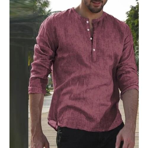 2021 Autumn Fashion V-Neck Buttoned Pullovers Vintage Loose Shirt Mens Streetwear Simple Casual Solid Long Sleeve Shirts For Men