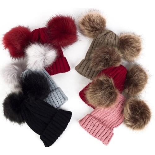 FOCUSNORM Autumn Winter Kids Girls Boys Hats 14 Colors Knit Solid Double Wool Ball Hat Cute Boy Girl Soft Cap Kids Knit Caps