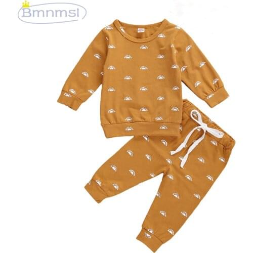 0-24M Autumn Newborn Baby Girls Clothes Set Sun Printed Round Neck Long Sleeve Pullover Hoodies + Drawstring Pant 2pcs Outft