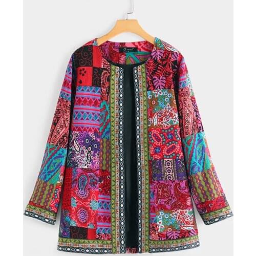 Autumn Womens Ethnic Printed Cardigan Thin Coats Casual Long Sleeve Blusas Retro Open Stich Overcoats Plus Size S-5XL Jacket
