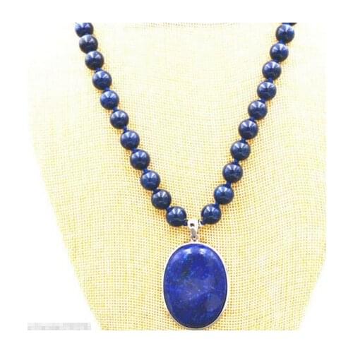 8MM blue Lapis Lazuli Beads Necklace 18" & 18x28mm
