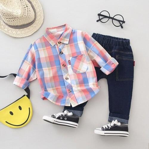 Autumn Children Clothing Suit Baby Boys Long-Sleeved Suit Korean Version Boy Plaid Shirt Pants 2pcs Spring Toddler Kids Clothes