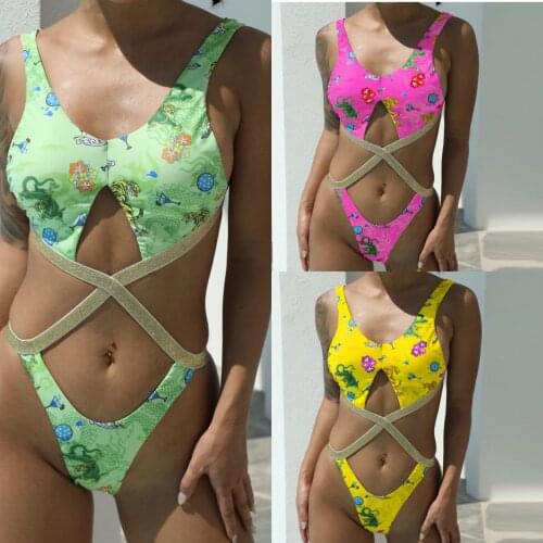 Sexy Tiger Pattern One Piece Swimsuit Cross Bandage Shiny Swimwear Female Hollow Bathing Suit Women Backless Biquini Feminino