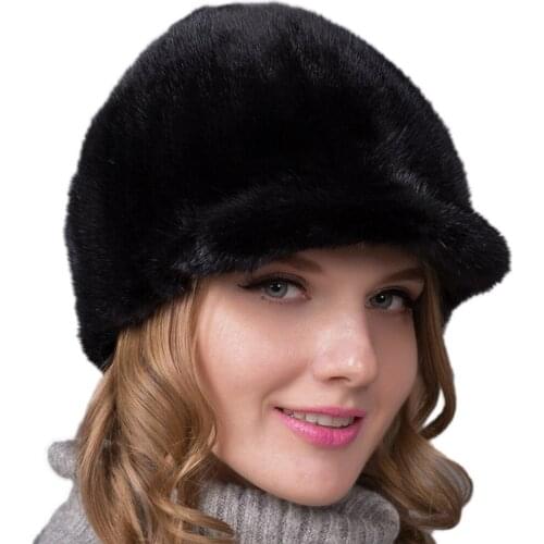 Womens Real Mink Fur Riding Hats Female Winter Warm Peaked Cap Earmuffs Headwear For Lady