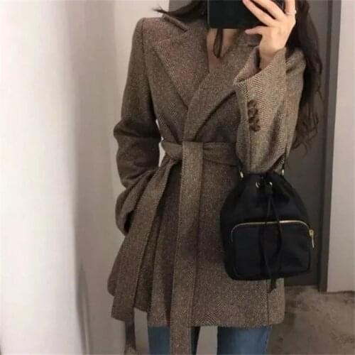 Woolen Coat Womens Suit Jacket 2021 Autumn Winter Hong Kong-Style Retro Herringbone Pattern Belt Waist Thickened Woolen Coat 47