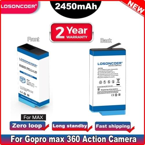 LOSONCOER 2450mAh Replacement Battery For Gopro Max Battery / For Go Pro Max 360 Action Camera Battery