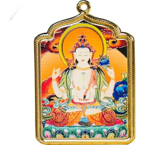 Tibetan Buddhism Titanium Alloy Hand Drawn Buddha Statue Thangka Amulet Pendant