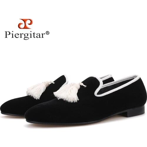 Piergitar 2021 Black Colors velvet men white new tassel shoes Mens Loafers Wedding Men dress shoes smoking slippers plus size
