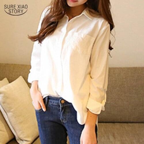 Spring Elegant Vintage Loose Plus Size Office Solid Long Sleeve Tops White Shirt Tops Turn-down Collar Cotton Women Shirts 12654