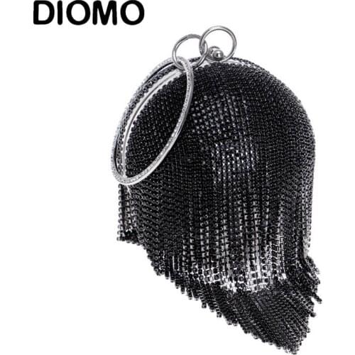 DIOMO Womens Full Diamond Tassel Evening Bags Ladies Fashion Luxury Chain Clutch Purse Wedding Party Multicolor Spherical Bag