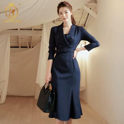 Autumn And Winter New Arrival Fashion Elegant Korea Dress Womens Long Sleeve Double Breasted Notched Collar Dress vestidos