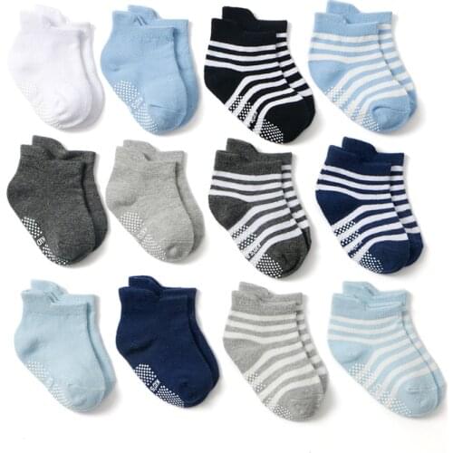 6 Pairs/lot Four Season Kids Socks with Rubber Grips Stripes Childrens Floor Socks Cotton Anti-slip Boat Socks for 0-4 Years