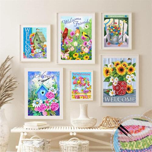 HUACAN DIY Diamond Painting Flower Bird 5D Diamond Embroidery Text Welcome Full Square Mosaic Rhinestone Cross Stitch Wall Art