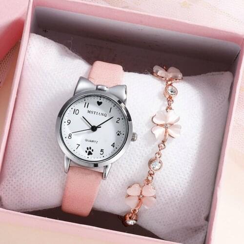 1PC Cute Casual Girl Watch Kids Leather Strap Watch Lovely Children Quartz Wristwatch Student Clock Gift Round Analog Clock