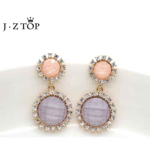JZTOP Elegant Crystal Rhinestone Flower Stud Earring For Women Geometric Round Color Resin Stone Long Earrings Female Bijoux