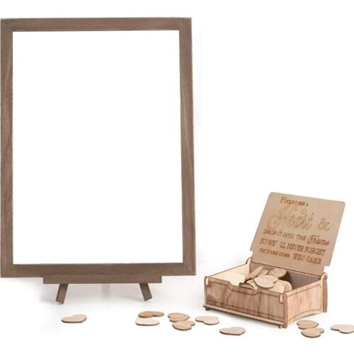 Coffee Wooden Wedding Guest Book Picture Frame Personalized Alternative Drop Top Sign Box with 80Pcs Hearts Party Decor