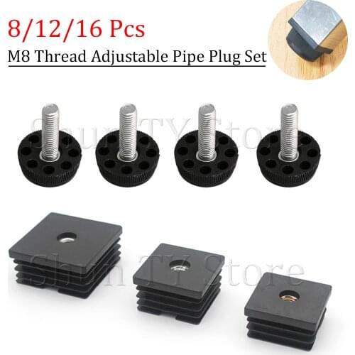 8/12/16 Pcs M8 Thread Furniture Legs Plugs Set Black Plastic Blanking End Caps Insert Plugs Adjust Thread Feet Square Pipes Set
