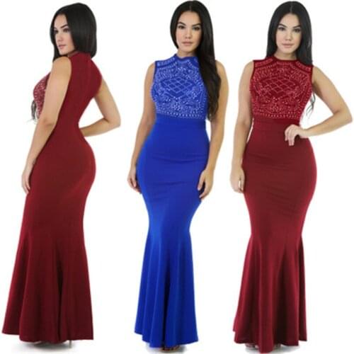 2019 New Summer Female long Dresses Fashion Rhinestone Sexy High Quality Round Neck Zipper Plus Size Womens Dress 711
