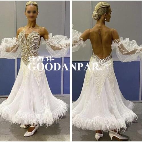 2020 new white costumes ballroom dance dress for women competition standard dress dancing clothes long sleeveostrich feather