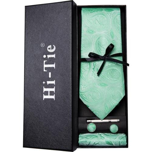 Hi-Tie Grass Green Jacquard 8.5cm Silk Paisley Mens Tie Set Hanky Cufflinks Set Ties For Men Designer Wedding Party Necktie