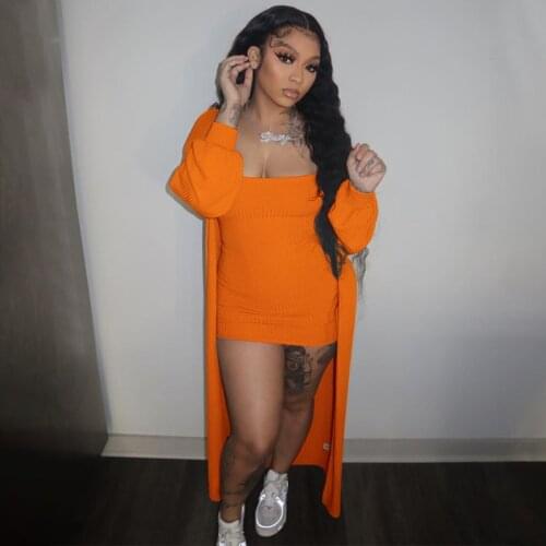 2021 Autumn Winter Two Piece Knitted Suit Womens Clothes Cleavage Skinny Mini Dress and Long Sleeve Cardigan Fitness Outfits