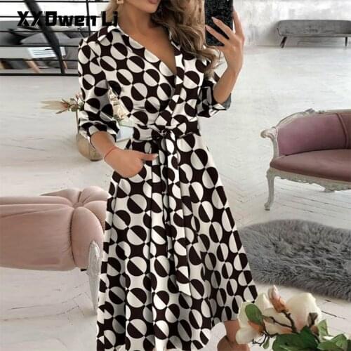 Women Casual Print Belt Turn Collar Maxi Dresses Spring Autumn Sexy Half Sleeve Pocket Female Party Boho Beach Elegant Dress